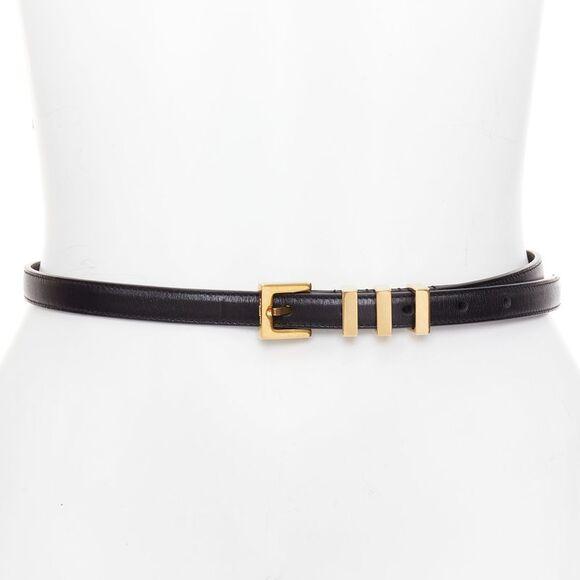 SAINT LAURENT Trois Passants black leather gold 3 loop buckle skinny belt - Picture 1 of 9